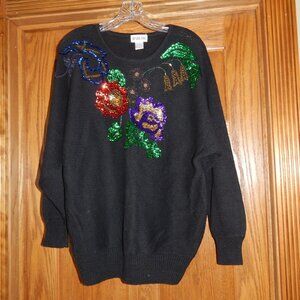 Vintage Women's Size Large L Victoria Jones Black Sequin Bead Floral Sweater